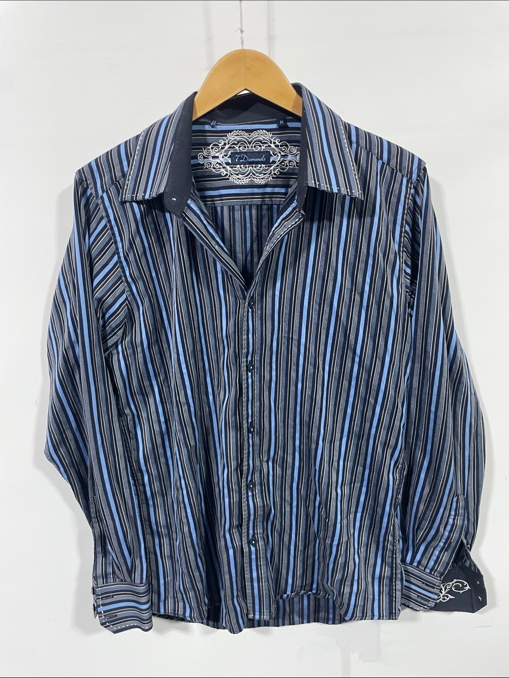 7 Diamonds y-2k Men's Black and Blue Striped Button-Down Shirt
